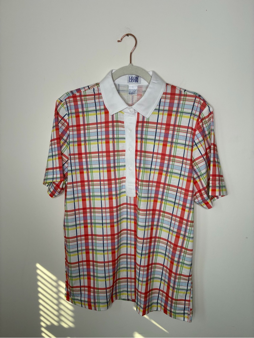 Leon Levin Multicolored Size L Plaid Short-Sleeve Polo Shirt with White Collar